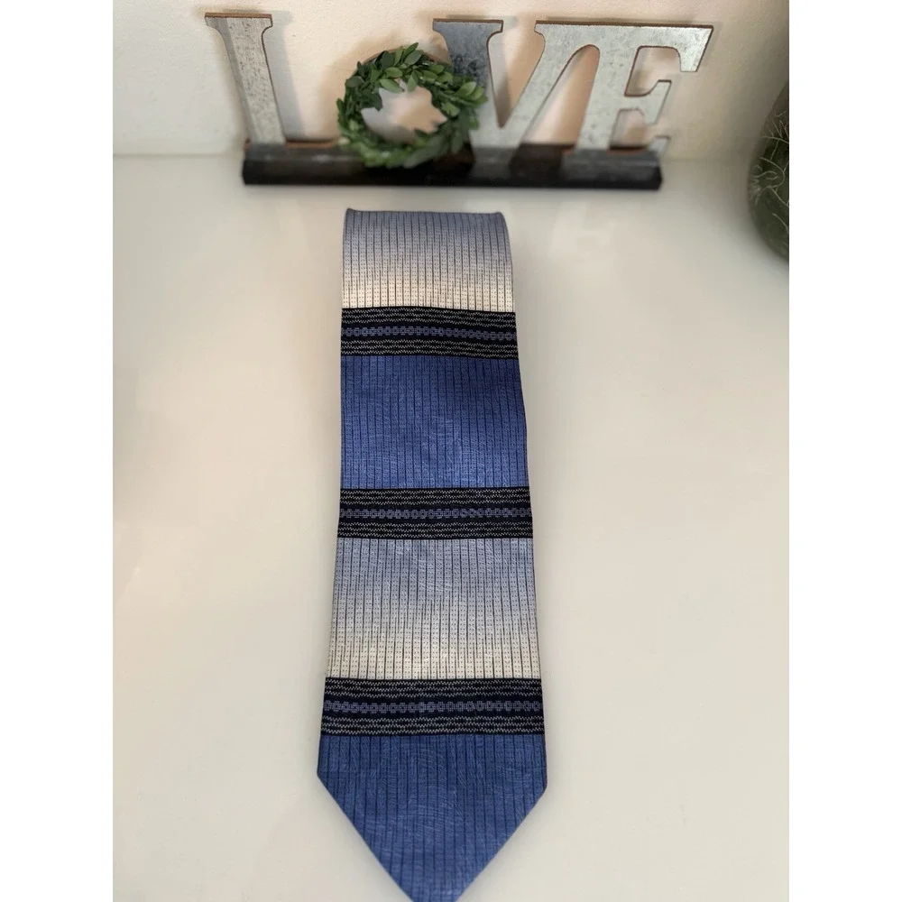 Steven Land 100% Silk Neck Tie Blue Gray‎ Black Striped Wide Handcrafted Korea